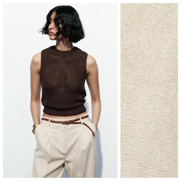 NWT. Zara Beige Linen Blend Belted Straight Leg Braided Belt Pants. Size S. - Picture 3 of 12